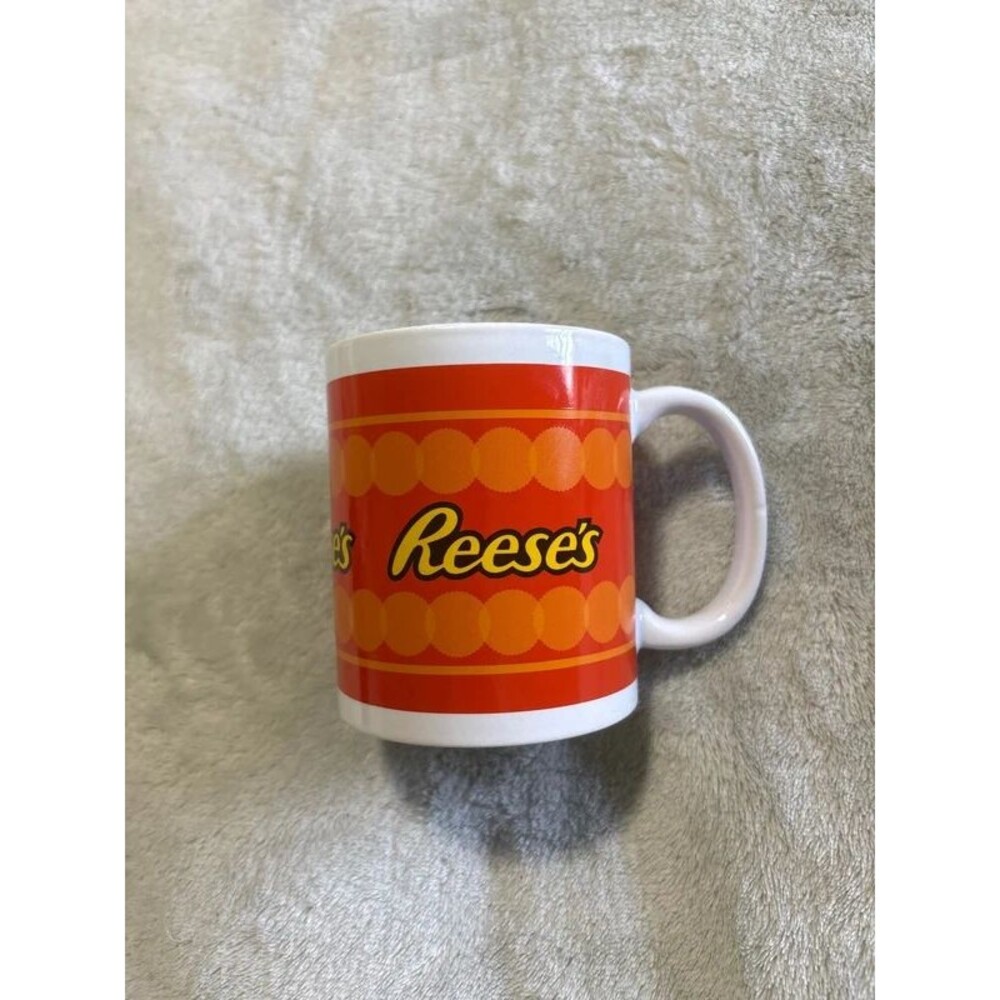 Coffee mug tea cup Reese’s Pieces white orange yellow holiday gift Christmas